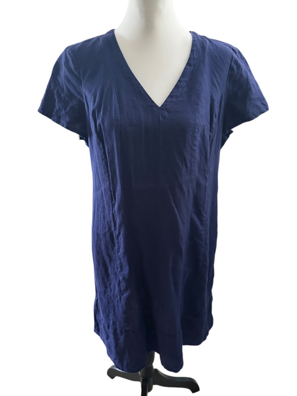 J.Jill Navy Blue 100% Linen V-Neck Knee-Length Swing Dress MEDIUM Petite